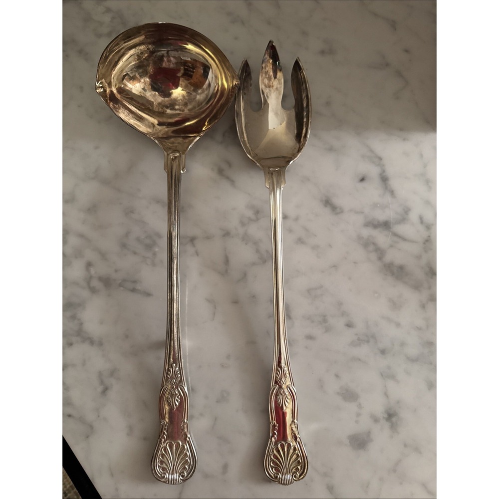 Vintage FB Rogers FBR14  Large Silverplate Ladle And Serving Fork Shell Italy‎